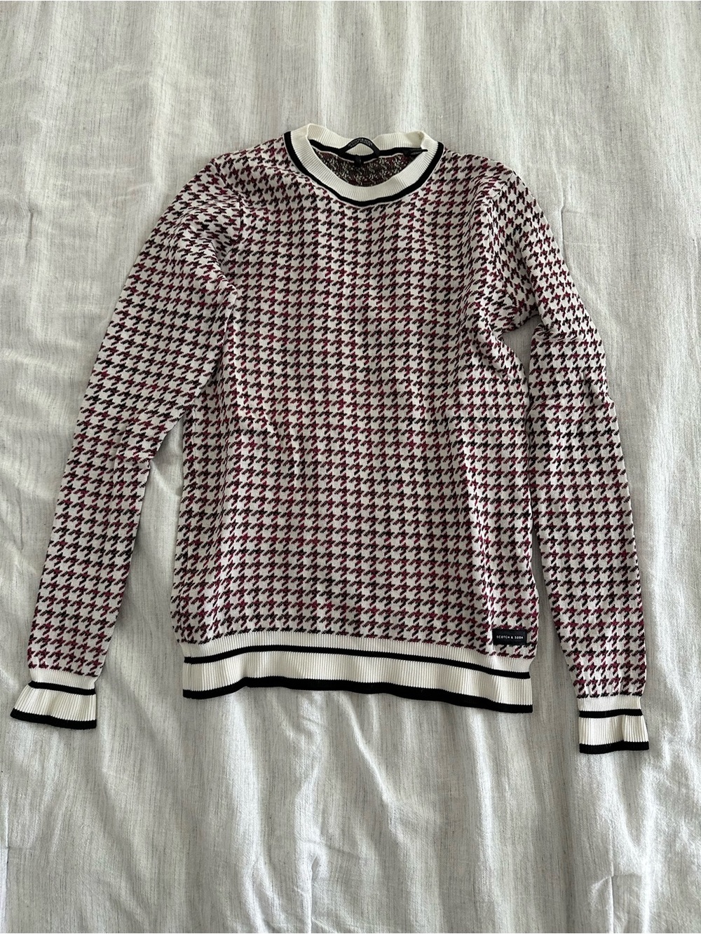 Classic Houndstooth Crewneck Sweater - black, white, and pink